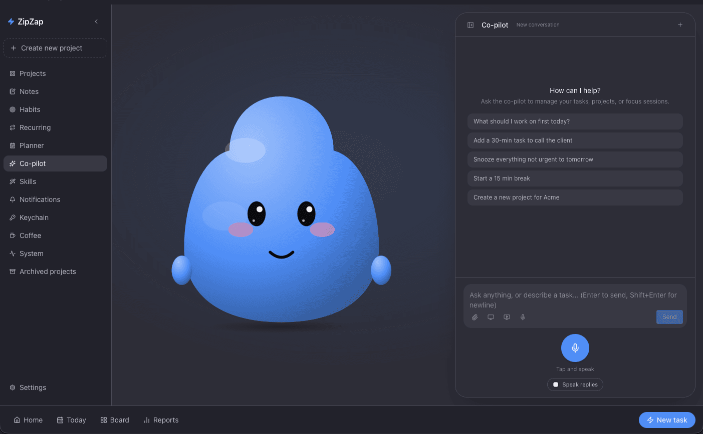 ZipZap AI Co-pilot with friendly mascot, quick-action prompts, attachments, screen share, and voice